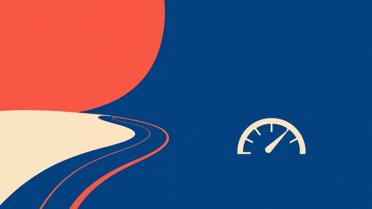 Abstract editorial illustration of a winding road and fuel gauge in deep blue and coral, symbolising fuel conservation and national responsibility
