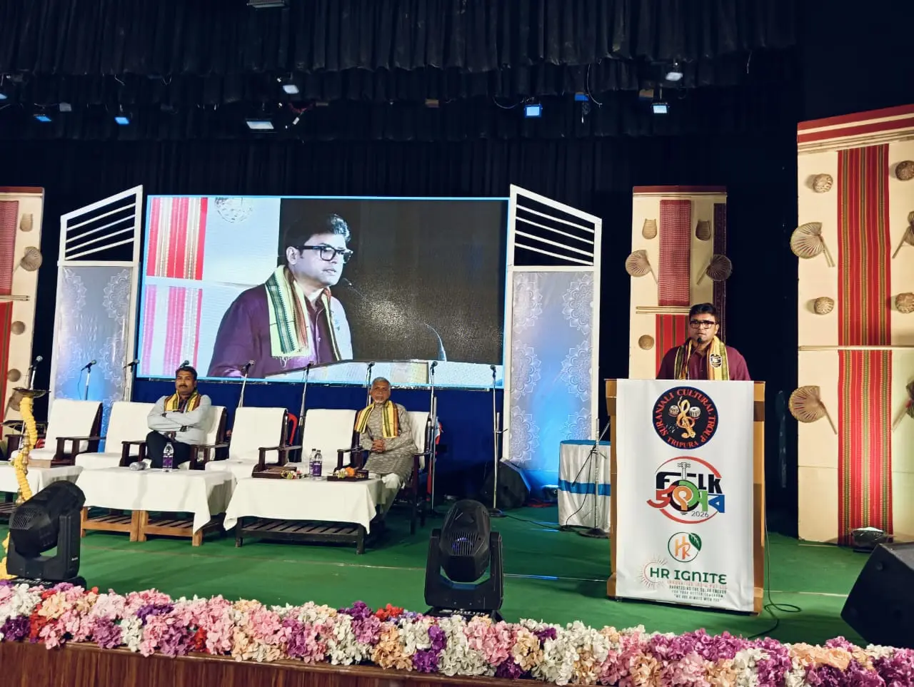 Wide view of the packed auditorium during the HR Ignite session at Folk Utsav 2026, Surangjali Cultural Group