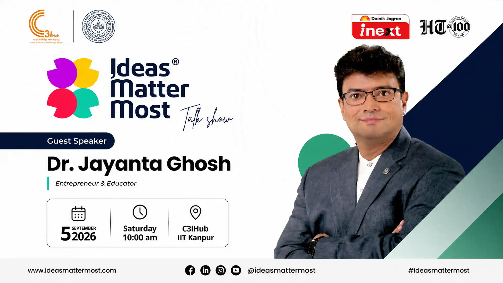 Ideas Matter Most talk show poster featuring Dr. Jayanta Ghosh as guest speaker at C3iHub, IIT Kanpur, on 5 September 2026