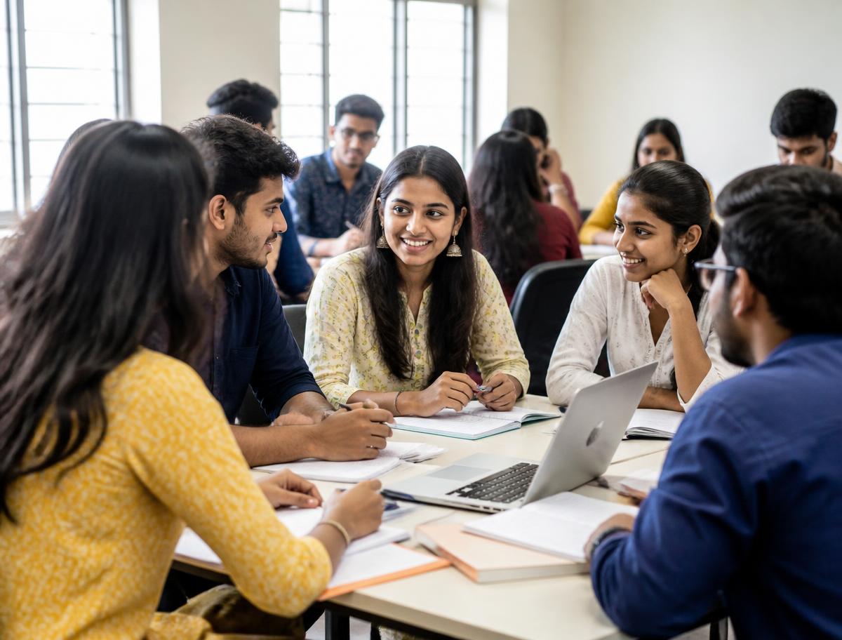 A group of Indian students collaborating in a bright classroom